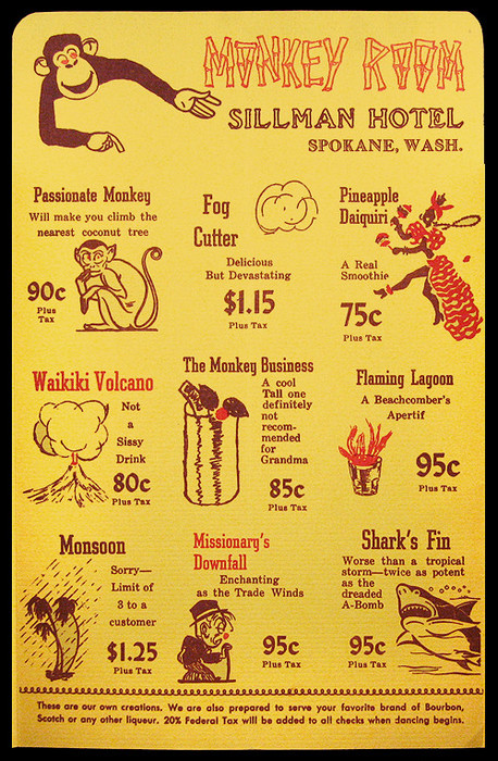 Arkiva Tropika - cocktail menu from Monkey Room, Sillman Hotel - Spokane, WA